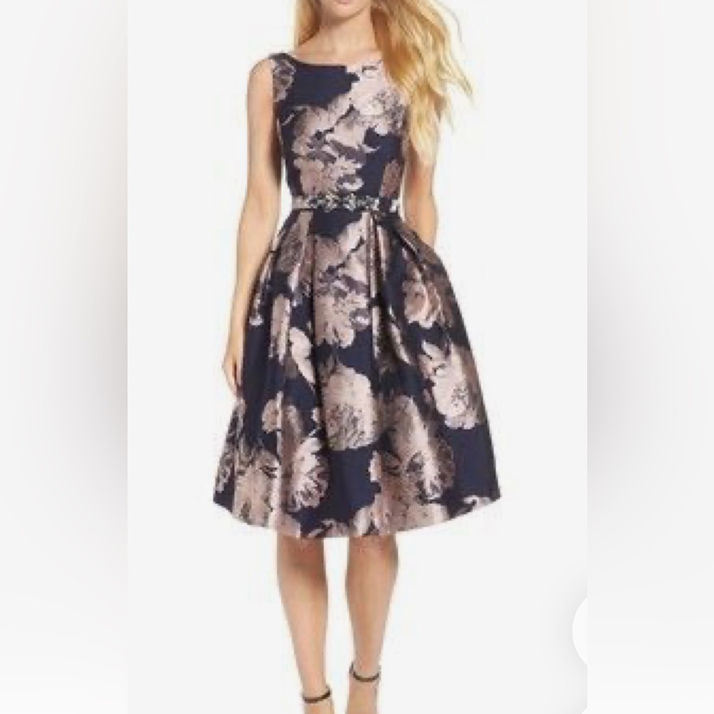 Eliza J darkest navy brocade dress 4